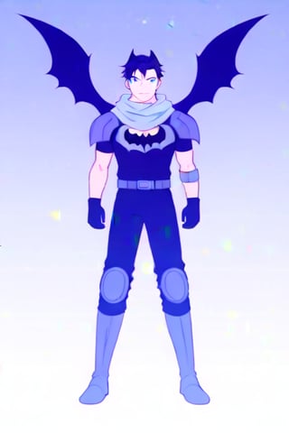 The animated version of Batman that belongs to the movie "Justice League x RWBY: Super Heroes & Huntsmen - Part 1" (He does have black hair, dark blue eyes, black pants, gray boots, gray metal knee pads, a gray breastplate with a black bat symbol on the front and underneath, a black long-sleeved t-shirt, black metal bat-shaped shoulder pads, gray armbands with 3 side blades on the sides, gloves blacks, a gray scarf, a gray utility belt and the age of 17), where Batman/Bruce Wayne is a "Bat Faunus" (Human being with two oversized black bat wings emerging from his back), in a landscape night.