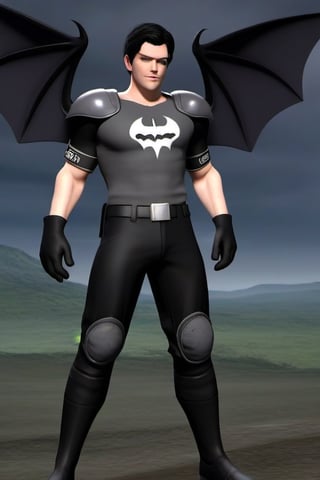 The animated version of Batman that belongs to the movie "Justice League x RWBY: Super Heroes & Huntsmen - Part 1" (He does have black hair, dark blue eyes, black pants, gray boots, gray metal knee pads, a gray breastplate with a black bat symbol on the front and underneath, a black long-sleeved t-shirt, black metal bat-shaped shoulder pads, gray armbands with 3 side blades on the sides, gloves blacks, a gray scarf, a gray utility belt and the age of 17), where Batman/Bruce Wayne is a "Bat Faunus" (Human being with two oversized black bat wings emerging from his back), in a landscape night.,disney pixar style,3D