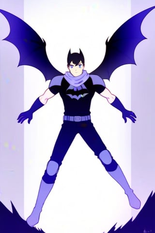 The animated version of Batman that belongs to the movie "Justice League x RWBY: Super Heroes & Huntsmen - Part 1" (He does have black hair, dark blue eyes, black pants, gray boots, gray metal knee pads, a gray breastplate with a black bat symbol on the front and underneath, a black long-sleeved t-shirt, black metal bat-shaped shoulder pads, gray armbands with 3 side blades on the sides, gloves blacks, a gray scarf, a gray utility belt and the age of 17), where Batman/Bruce Wayne is a "Bat Faunus" (Human being with two oversized black bat wings emerging from his back), in a landscape night with bats flying around.