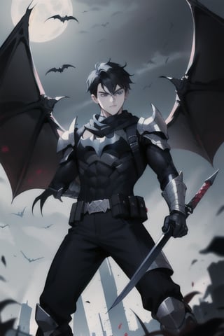 The animated version of Batman that belongs to the movie "Justice League x RWBY: Super Heroes & Huntsmen - Part 1" (He has black hair, dark blue eyes, black pants, gray boots with metal armor along them up to the knees, a gray breastplate with a black bat symbol on the chest and underneath, a black long-sleeved t-shirt, black metal bat-shaped shoulder pads, gray armbands with 3 side blades on the sides, black gloves, a gray scarf, a gray utility belt, 2 rapier type swords and the age of 17), where Batman/Bruce Wayne is a "Bat Faunus" (Human being with two huge black bat wings emerging from his back), in a landscape night with bats flying around.