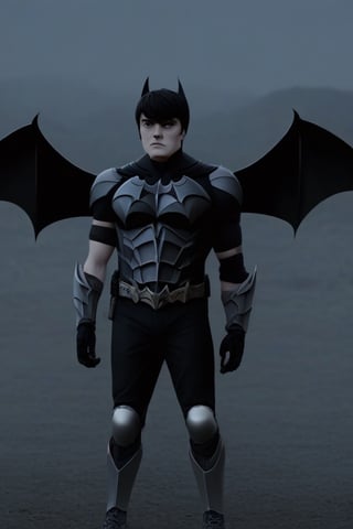 The animated version of Batman that belongs to the movie "Justice League x RWBY: Super Heroes & Huntsmen - Part 1" (He does have black hair, dark blue eyes, black pants, gray boots, gray metal knee pads, a gray breastplate with a black bat symbol on the front and underneath, a black long-sleeved t-shirt, black metal bat-shaped shoulder pads, gray armbands with 3 side blades on the sides, gloves blacks, a gray scarf, a gray utility belt and the age of 17), where Batman/Bruce Wayne is a "Bat Faunus" (Human being with two oversized black bat wings emerging from his back), in a landscape night.