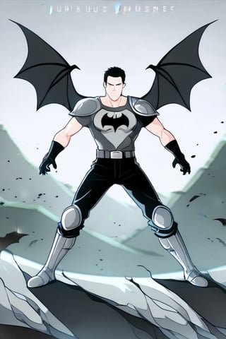 The animated version of Batman that belongs to the movie "Justice League x RWBY: Super Heroes & Huntsmen - Part 1" (He does have black hair, dark blue eyes, black pants, gray boots, gray metal knee pads, a gray breastplate with a black bat symbol on the front and underneath, a black long-sleeved t-shirt, black metal bat-shaped shoulder pads, gray armbands with 3 side blades on the sides, gloves blacks, a gray scarf, a gray utility belt and the age of 17), where Batman/Bruce Wayne is a "Bat Faunus" (Human being with two oversized black bat wings emerging from his back), in a landscape night with bats flying around.