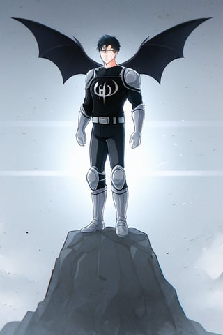 The animated version of Batman that belongs to the movie "Justice League x RWBY: Super Heroes & Huntsmen - Part 1" (He does have black hair, dark blue eyes, black pants, gray boots, gray metal knee pads, a gray breastplate with a black bat symbol on the front and underneath, a black long-sleeved t-shirt, black metal bat-shaped shoulder pads, gray armbands with 3 side blades on the sides, gloves blacks, a gray scarf, a gray utility belt and the age of 17), where Batman/Bruce Wayne is a "Bat Faunus" (Human being with two oversized black bat wings emerging from his back), in a landscape night with bats flying around.