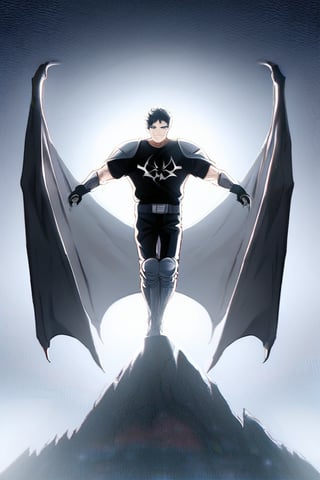 The animated version of Batman that belongs to the movie "Justice League x RWBY: Super Heroes & Huntsmen - Part 1" (He does have black hair, dark blue eyes, black pants, gray boots, gray metal knee pads, a gray breastplate with a black bat symbol on the front and underneath, a black long-sleeved t-shirt, black metal bat-shaped shoulder pads, gray armbands with 3 side blades on the sides, gloves blacks, a gray scarf, a gray utility belt and the age of 17), where Batman/Bruce Wayne is a "Bat Faunus" (Human being with two oversized black bat wings emerging from his back), in a landscape night with bats flying around.