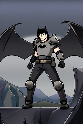 The animated version of Batman that belongs to the movie "Justice League x RWBY: Super Heroes & Huntsmen - Part 1" (He does have black hair, dark blue eyes, black pants, gray boots, gray metal knee pads, a gray breastplate with a black bat symbol on the front and underneath, a black long-sleeved t-shirt, black metal bat-shaped shoulder pads, gray armbands with 3 side blades on the sides, gloves blacks, a gray scarf, a gray utility belt and the age of 17), where Batman/Bruce Wayne is a "Bat Faunus" (Human being with two oversized black bat wings emerging from his back), in a landscape night.