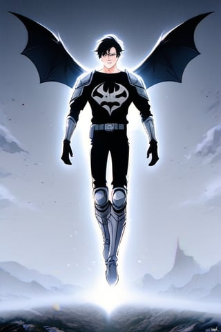 The animated version of Batman that belongs to the movie "Justice League x RWBY: Super Heroes & Huntsmen - Part 1" (He does have black hair, dark blue eyes, black pants, gray boots, gray metal knee pads, a gray breastplate with a black bat symbol on the front and underneath, a black long-sleeved t-shirt, black metal bat-shaped shoulder pads, gray armbands with 3 side blades on the sides, gloves blacks, a gray scarf, a gray utility belt and the age of 17), where Batman/Bruce Wayne is a "Bat Faunus" (Human being with two oversized black bat wings emerging from his back), in a landscape night with bats flying around.