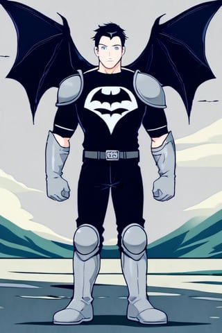 The animated version of Batman that belongs to the movie "Justice League x RWBY: Super Heroes & Huntsmen - Part 1" (He does have black hair, dark blue eyes, black pants, gray boots, gray metal knee pads, a gray breastplate with a black bat symbol on the front and underneath, a black long-sleeved t-shirt, black metal bat-shaped shoulder pads, gray armbands with 3 side blades on the sides, gloves blacks, a gray scarf, a gray utility belt and the age of 17), where Batman/Bruce Wayne is a "Bat Faunus" (Human being with two oversized black bat wings emerging from his back), in a landscape night with bats flying around.