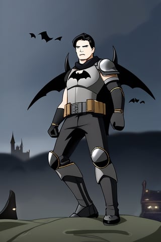 The animated version of Batman that belongs to the movie "Justice League x RWBY: Super Heroes & Huntsmen - Part 1" (He does have black hair, dark blue eyes, black pants, gray boots, gray metal knee pads, a gray breastplate with a black bat symbol on the front and underneath, a black long-sleeved t-shirt, black metal bat-shaped shoulder pads, gray armbands with 3 side blades on the sides, gloves blacks, a gray scarf, a gray utility belt and the age of 17), where Batman/Bruce Wayne is a "Bat Faunus" (Human being with two oversized black bat wings emerging from his back), in a landscape night.