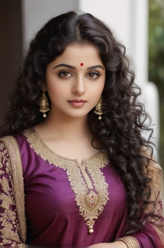 full body shot.  mature thick girl, An ultra real full body photo of a young girl age 25, long dark curly hair. Wearing a beautiful churidar , ultra close macro details, ultra contrast, ultra decoration. Intricate details of her beautiful eyes and her perfect face.