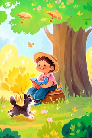 By Van Gogh, sunshine spring with many  Ginkgo trees, oil painting, highly detailed, sharpness, dynamic lighting, super detailing, van gogh sight background, painterley effect, post impressionism, ,oil painting, 2d-dimension_animated, masterpiece, cartoon, 1boy with black short hair, 1girl with brown long hair, pink vintage dress sitting together, having picnic at grass,children's picture books, fly a kite, small dogs