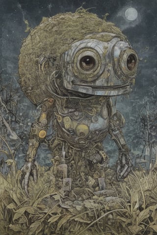 (by Hope Gangloff, Carl Larsson, (Simon Stålenhag:1.1):1.05), conceptual art, chibi cute small (vibrant:1.1) robot with moss, overgrown grass, moonlight, ink stains, ink splashes, city background, (sketched lines:1.2),(post-Impressionist, circular vector art:1.2), cyberpunk art,weapons