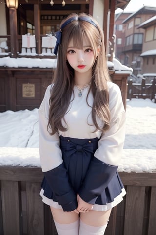 A sweet and cute Japanese girl with long blond hair, wearing hanbok,dark blue bow on her head,black stockings,a crystal necklace, snow-white skin, Standing  in a East Gate,1girl ,sunlight,tattooedgirl,lisa,full_body