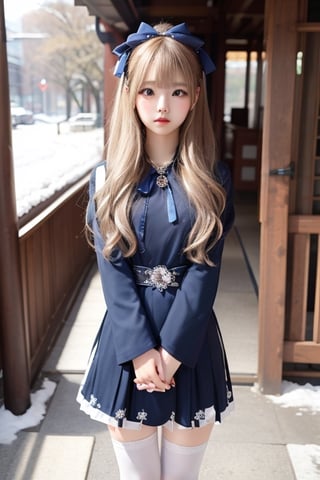 A sweet and cute Japanese girl with long blond hair, wearing colorful hanbok,dark blue bow on her head,black stockings,a crystal necklace, snow-white skin, Standing  in a East Gate,1girl ,sunlight,tattooedgirl,lisa,full_body