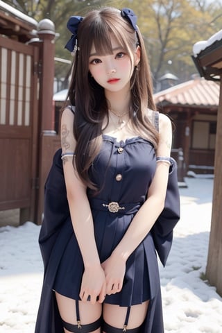 A sweet and cute Japanese girl with long blond hair, wearing hanbok,dark blue bow on her head,black stockings,a crystal necklace, snow-white skin, Standing  in a East Gate,1girl ,sunlight,tattooedgirl,lisa,full_body