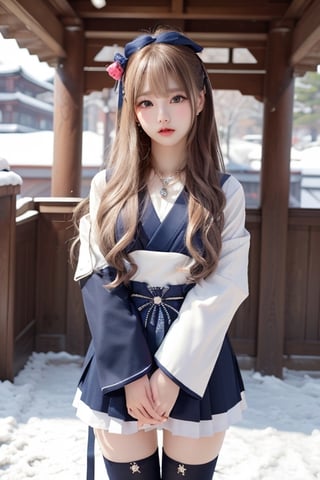 A sweet and cute Japanese girl with long blond hair, wearing colorful hanbok,dark blue bow on her head,black stockings,a crystal necklace, snow-white skin, Standing  in a East Gate,1girl ,sunlight,tattooedgirl,lisa,full_body