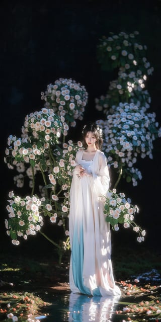 1girl, solo, low cut style, plump breasts, Sexy figure, Sheer gauze material, black hair, hair ornament, long sleeves, dress, standing, flower, wide sleeves, white dress, chinese clothes, black background, reflection, blue flower, robe, hanfu,  hanfuandflower,better_hands, beautiful girl,perfect,Realistic,dream_girl