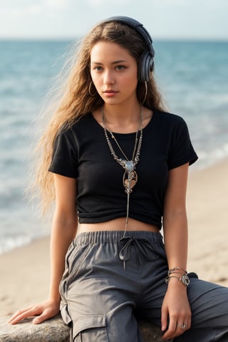 French girl,grey blonde hair(very long hair, curly_hair),hiphop dancer,wearing all black clothes (loose fit top and wide cargo pants),sneakers,headphone, sitting at sea bank,horizon,seaside,accessories(necklace,ear_rings),Best Quality, 32k, photorealistic, ultra-detailed, finely detailed, high resolution, perfect dynamic composition, beautiful detailed eyes, sharp-focus, cowboy_shot, ,sangonomiya kokomi (sparkling coralbone)