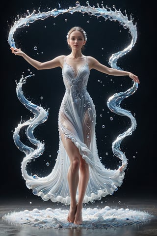 create a beautiful ukraine girl dancing with mik splash wedding dress , splashed,spray ,spray from two side  , subsurface scattering, translucent, 100mm,Movie Still,detailmaster2,Film Still,make_3d,aesthetic portrait,eyes shoot , full body , ballet pose , 1girl , beauty nose and mouth , A-line , flying wrap dress, secret,liquid dress,watce , background in dark studio , one_hand_raised , skirt vanish in another side  , dress look more liquid , tall girl , white water ,  milk white , backdround with fantasy color bubbles,eyes shoot