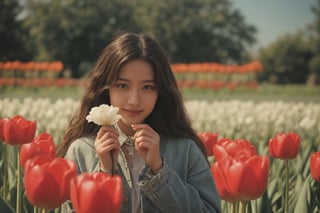 absurdres,  highres,  ultra detailed,  (1girl:1.3), smile , sunlight , lens flare reflection,lomography,  analog photography,  vibrant colors,  soft focus,  light leaks,  dreamy atmosphere,  experimental charm,  nostalgic appeal, looking into the viewer, tulips flower farm in bg, holding 1 tulip flower in right hand, perfect fingers,Pirate