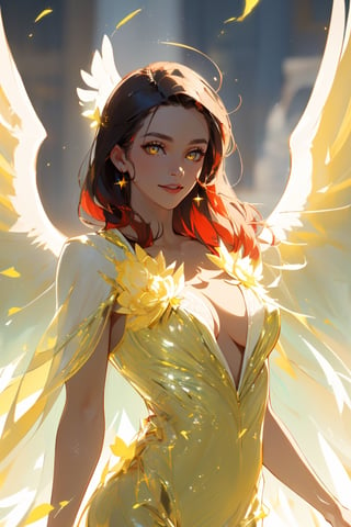 ((absurdres)), ((best quality)), ((a masterpiece)), ((award winning photo)), ((photorealistic)), ((realistic)), ((shimmering)) ((glistening))((ultradetailed)), cinematic, model shoot posing, 

1 girl, heavenly, smiling, yellow eyes, red hair, long hair, erotic, (heavenly angel:1.2), hyperdetailed face, hyperdetailed eyes, beautiful perfect eyes, hyperdetailed clothes, (heavenly aesthetic:1.3), (pure white and yellow dress:1.2), deep skin, (floating in the clouds:1.2), volumetric lighting, (glowing:1.2), (holy light:1.2), see-through, covered nipples, ,angel_wings,angel,Angel