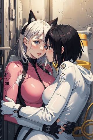 (RAW photo, best quality), (realistic, photo-Realistic:1.1), best quality, masterpiece, ultra realistic illustration, siena natural ratio,	(urban fantasy theme:1.1),	2girls, (right girl is white girl black hair, white glossy rubbersuit ; left girl is germany girl golden hair, pink rubbersuit, look each other eyes), lesbian caress, lesbian intimacy, tribadism, naked, pantyhose, lick nipple, realistic, detail face, lips,  in space station,   pubic hair,
rubbersuit,bodysuit,lesbian,rubbersuit02,jack