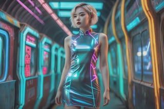 a beautiful woman wearing a tight hologram laser cheongsam, short messy blonde hair, slim body, neon lights, cyberpunk train station.