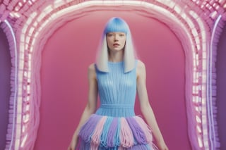 Photo of a model with  innocent sweet joyful expression on face. High quality maximalist photoshoot of Avant garde striking long dress cutesy fashion Made entirely out of yarn in blue, shades of pink and purple and white, layered fibers of various weights and textures with bioluminescence. On a hyperrealistic white model pale with chin length sharp haircut and straight blunt bangs. Clean neon background, maximalism, hyperrealistic details Bright light cinematic fashion photography, ar 4:5, v 6.0, s 250