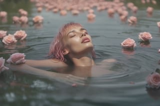 a realistic photo of a beautiful woman (Irina Shayk)bathing naked in a lake full of floating roses. She has chin length messy pink hair with sharp cut bangs. It is a bright and misty summer morning. slim body, body measurement 34b-24-34, slim body. deep v. side lighting, backlight. shadow on face. very thin eyebrows. long eyelashes. light leak. lens glare. 