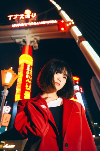 A young Asian woman, short hair, wearing a red jacket and a white t-shirt with Japanese text, necklace, standing on a Tokyo street at night, with Tokyo Tower in the background, illuminated city lights, red lanterns, urban style, night photography, candid pose, low angle shot, with a hint of film grain.

,fujifilm