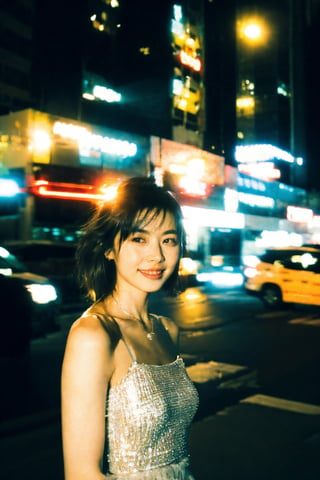 A 27-year-old Asian woman, noble, (((thin))), short hair, messy hair, Tulle Layered Tutu, necklace, 
Seductive Glance, High heels showcase, Sweet smile,
city, hong kong, Night, 
low key lighting, dutch angle, With Film Grain, Rule of Thirds,