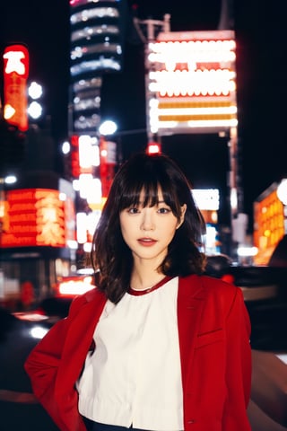 A young Asian woman, short hair, wearing a red jacket and a white t-shirt with Japanese text, necklace, standing on a Tokyo street at night, with Tokyo Tower in the background, illuminated city lights, red lanterns, urban style, night photography, candid pose, low angle shot, with a hint of film grain, striking a cool pose, confident stance, hands raised to the sides of her head, dynamic and stylish.
