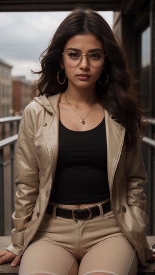 1girl, solo, long hair, looking at viewer, brown hair, jewelry, sitting, pantyhose, earrings, glasses, hood, black eyes, bug, butterfly, thin necklace, thin black belt, white shirt, black leather pants, (light-khaki casual jacket), model posing, look at camera, high detailed, ultra-detailed, Subsurface scattering, high resolution, world-class official images, 