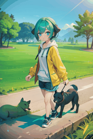 (masterpiece),  1girl, walk in the park, fleece jacket, shorts, natural light,dog,anzhcmiku
