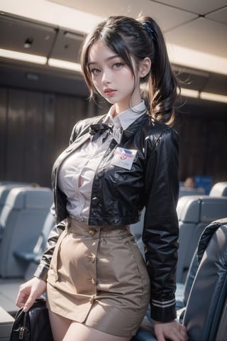 1 26 years old pretty taiwanese girl ,pony tail hair, eyes detail,  Airline stewardess uniform,big_breasts,s-shape body ,cabin background , Realism,