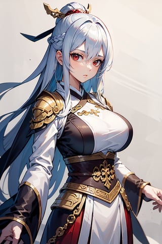 masterpiece, best quality, absurd, 1 girl, white hair, long hair, bangs, red eyes, big breasts, hanfu, blue hair,JingliuHSR,Cold look,Chinese general