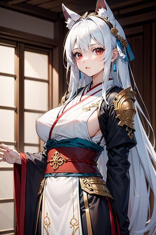 masterpiece, best quality, absurd, 1 girl, white hair, long hair, bangs, red eyes, big breasts, hanfu, blue hair,JingliuHSR,Cold look,Chinese general