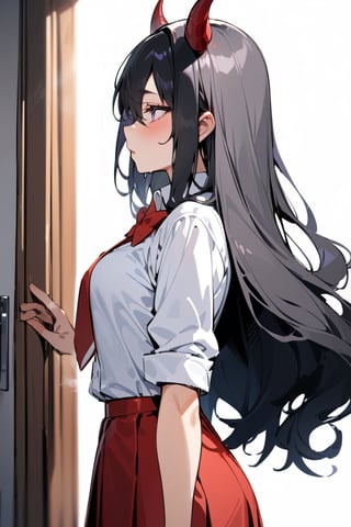 masterpiece, best quality, absurd, long voluminous hair, black hair, 4 demon horns, purple eyes, school uniform, black jacket, white shirt, red bow tie, red skirt