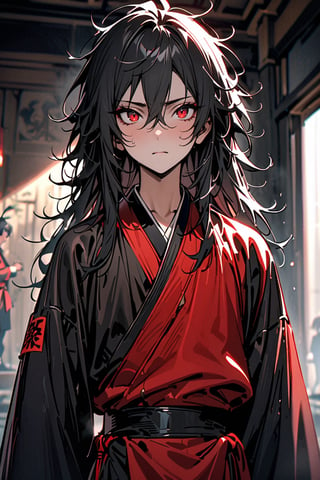 masterpiece, best quality, absurd, young man, shoulder length hair, black hair, messy hair, red eyes, short stature, martial clothing