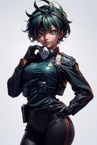 midoriya izuku,uniformsbodypaint: (una cicatriz en el ojo)4k,(brazo 
 robótico)(pelo de color rojo y negro),camiseta de color negro, fondo blanco,solo,color de ojos verde,pantalones militra de color negro,(chaleco de policia)
