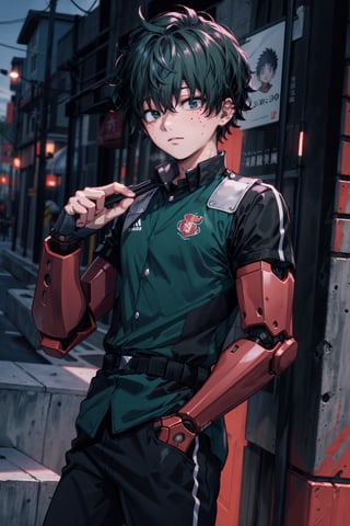 midoriya izuku, uniforme, pintura corporal: una cicatriz en el ojo derecho, 4k, (brazo izquierdo robótico) (pelo rojo oscuro), camiseta negra