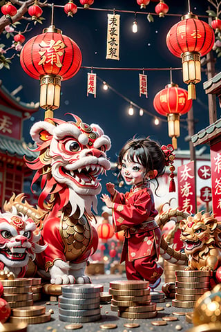 chinese new year scene, solo baby girl wishing red pocket, smilig with happy face, dressing in red chinese cloth , holding  dragon doll on her hands 
background with chinese thmem, lion dance, coins, red pocket, lantern,  ,dragonbaby