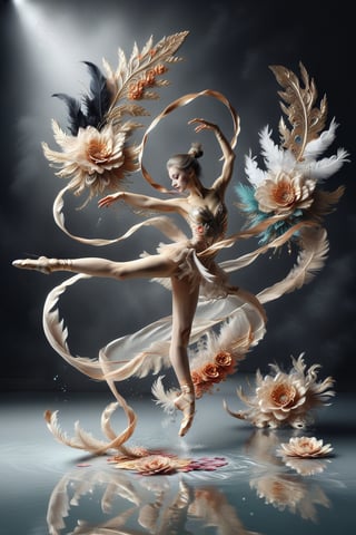  girl jump into the air , with very long scarf like waves, long ballet dress like tails, long legs, a ring of flower as background , dark background , feathers , two-legs, two-hands 
water on floor and reflection of the image 
