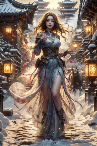 (((masterpiece))),best quality, illustration,(beautiful detailed girl), a girl ,solo, ,big brown eyes,beautiful detailed cold face, long hair , long red and blue dress shinny , hands hold up  give , backlight , shinny , (depth) of (field) snow , falling big snow , dark tone ,  temple , full body , war scene , war machine ,More Detail,more detail , fly, lanterns,3va, perfect finger ,asian girl