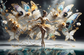  solo fairy dancing, with very butterfly wings, long gold complex wavy lolita dress , long legs, two-legs, two-hands , good proportion of the body 

a ring of flower as background , dark background , 
water on floor and reflection of the image 
masterpieces , 16K , raw photo , feather , flower rings , complex background 