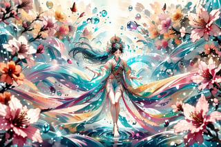 Aerial camera perspective, a Taiwanese beauty, barefoot, dancer's Iridescent Organza clothes, in deep water, turns the clothes into flowing colored luminous transparent liquids, blends into the water and splashes into flowers, dancing with graceful posture, real style, wide angle , ultra-high quality, exquisite details, clear and exquisite face