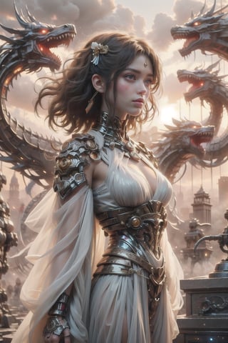 A female warrior in a body-hugging, made of shiny titanium alloy and holographic fabric, highlighting her elegant collarbones and well-defined muscles, showcasing her power and confidence. She holds an ancient, engraved bronze weapon, her face marked with a determined, fierce stare and a slight, confident smirk, gazing into the distance, ready for any challenge. The scene is bathed in a golden hour glow, emphasizing her formidable presence, tattoo over her body , 5 fingers on each hand 

background with dragons flying around, sunset, light , 