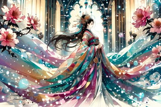 Draw a female character in Chinese style, exuding beauty and solemnity. She has long wavy hair that flows gracefully in the air, adorned with exquisite hair accessories. She exudes an air of indifference as she effortlessly hovers above the ground. She is dressed in elegant colourful chiinese dress with lotus details , showcasing her beautiful figure and slender legs. Her presence radiates an ethereal aura in the brightly lit environment., dancing
long wavy dress as tail, paper texture photo , flower background 
