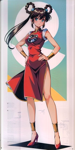 (solo, full body), ((front view))), mamonohunter, green eyes, long hair, twintails, brown hair, sleeveless, red china dress, bracelet, barehands, bangs, tall body, slim body, standing, one hand on hip, smiling, looking at the viewer, black background, simple background