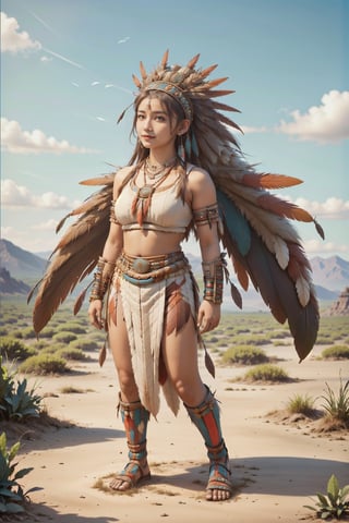 (masterpiece, full body), 1 girl, long hair, looking at the viewer, smiling, standing, earrings, tiara, necklace, eye shadow, glow, teepee, Indian girl, (((nativeamericanworld))), outdoors, (blue sky, grassland)