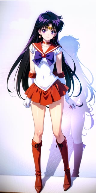 (solo, 1girl, full body, front view), sama1, tiara, sailor senshi uniform, white gloves, red sailor collar, red skirt, star choker, elbow gloves, pleated skirt, bare legs, purple bow, red knee boots, skin-tight, tall body, slim body, standing, looking at the viewer, smiling, red background, simple background